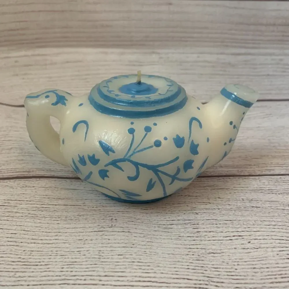 Teapot Shaped Candle White with Blue Floral Design Unlit 2 1/2